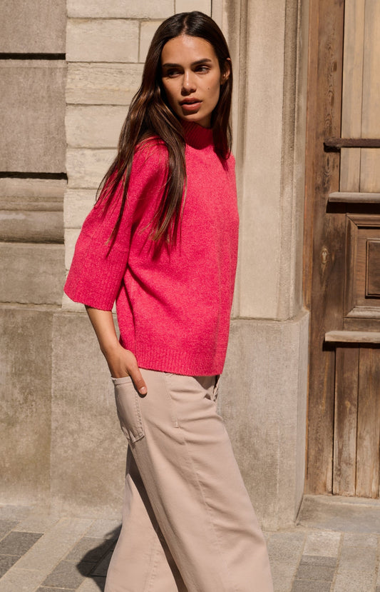 Sweater with ribbed three-quarter sleeves and mock neck